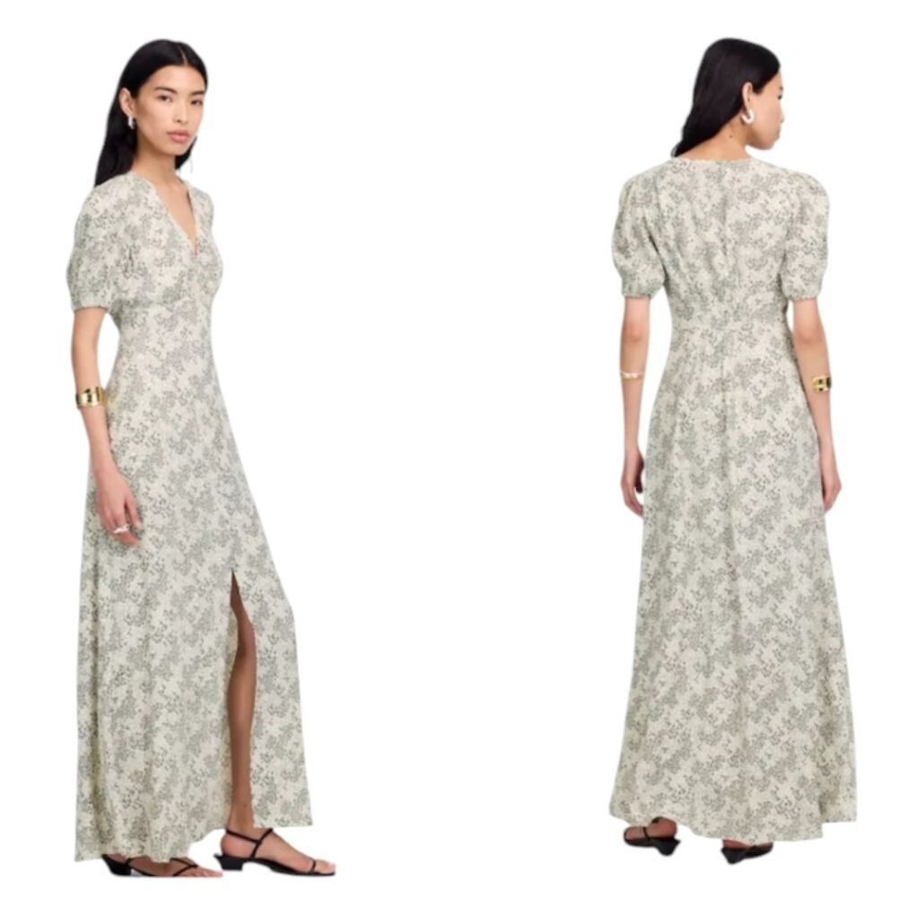 Nwt Madewell Puff-Sleeve V-Neck Midi Dress Harper Floral Ivory White Black 8